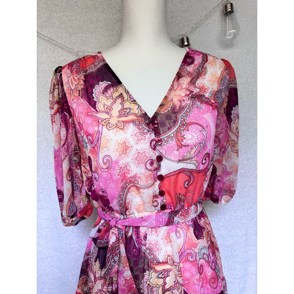 London Times Pink Paisley Button Up 3/4 Sleeve Above Knee Aline Dress - Picture 3 of 11